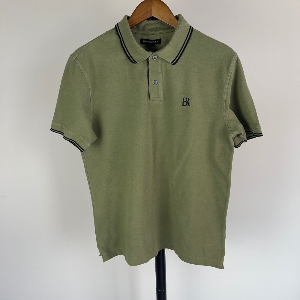 Banana Republic Mens Polo Shirt Medium Olive Green Short Sleeve Tipped Collar BR